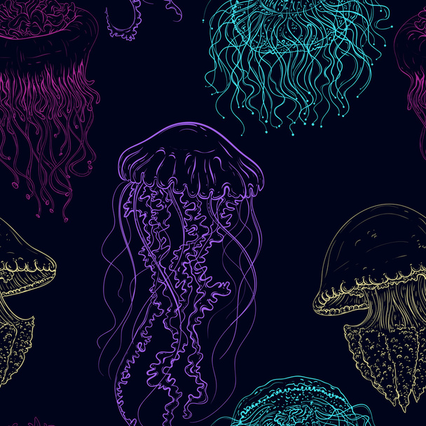Vintage seamless pattern with collection of jellyfish. Hand drawn vector illustration of marine fauna in line art style. aDesign for summer beach, decorations. - Vector, afbeelding