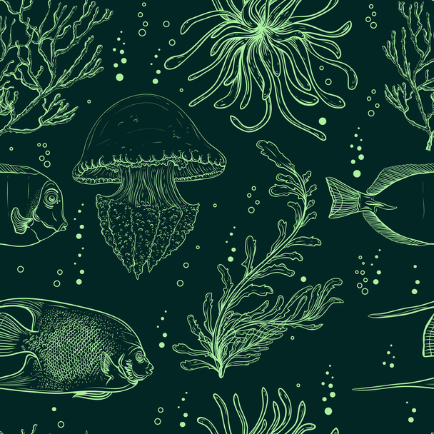 Seamless pattern with tropical fish, jellyfish, marine plants and seaweed. Vintage hand drawn vector illustration marine life. Design for summer beach, decorations,print,pattern fill, web surface - Vektör, Görsel