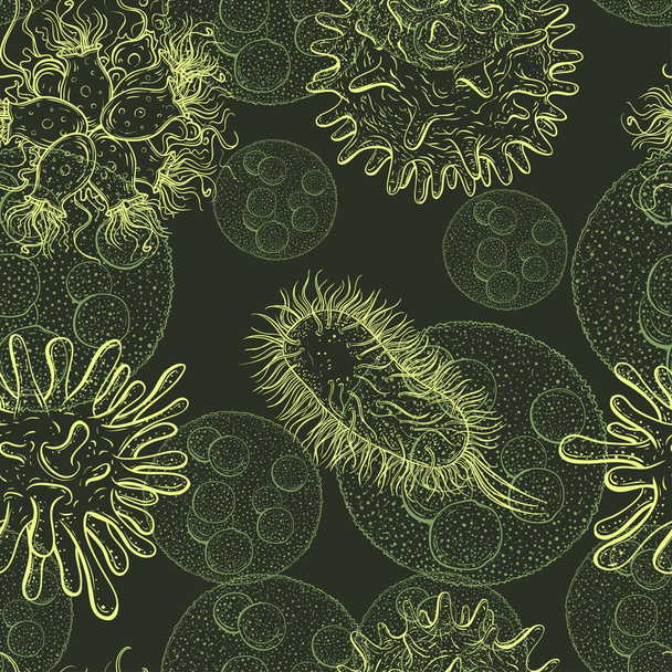 Бесшовный рисунок с микробами и вирусами. Винтажный дизайнерский набор. Реалистично изолированная векторная иллюстрация
. - Вектор,изображение