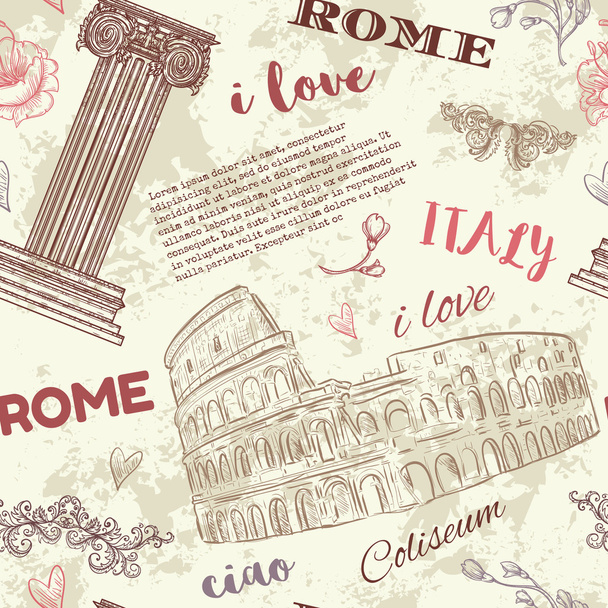 Rome. Vintage seamless pattern with Coliseum, classic style column, flowers and text on grunge background. Retro hand drawn vector illustration. - Vector, afbeelding