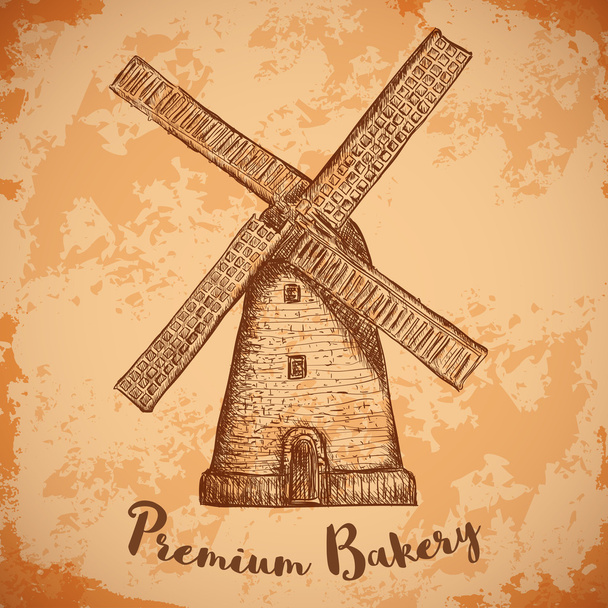 Windmill . Premium bakery. Vintage poster, labels, pack for bread. Retro hand drawn vector illustration windmill farm in sketch style on aged paper background. - Vektor, obrázek