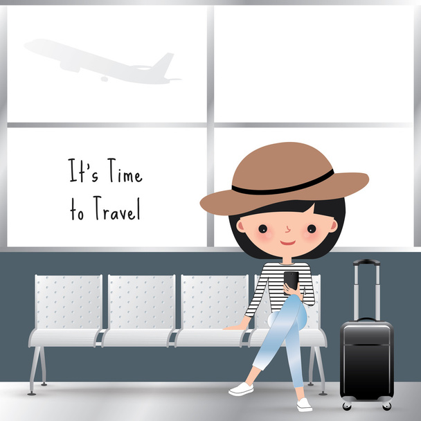 Подорожуюча жінка мультфільм в аеропорту
 - Вектор, зображення