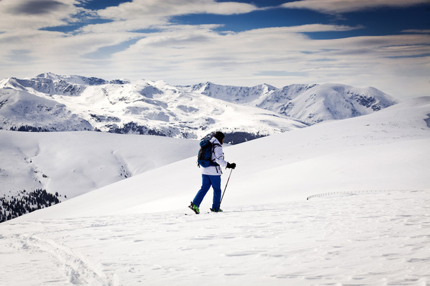 Cross-country skier - snowy mountains in the background - Photo, image