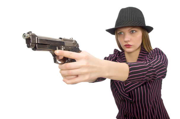 Gangster woman with gun isolated on white - Фото, зображення