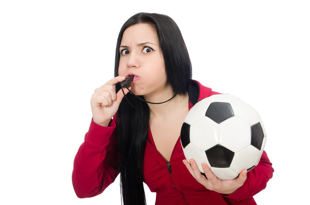 Женщина с футболом изолированы на белом
 - Фото, изображение