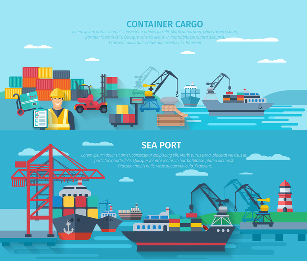 Sea Port Horizontal Banner Set - Vector, Image