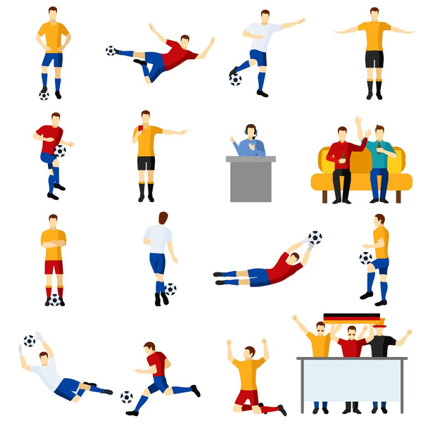Voetbal spel mensen plat pictogrammen instellen - Vector, afbeelding