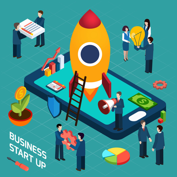 Business startup launch concept isometric poster - Vector, Image