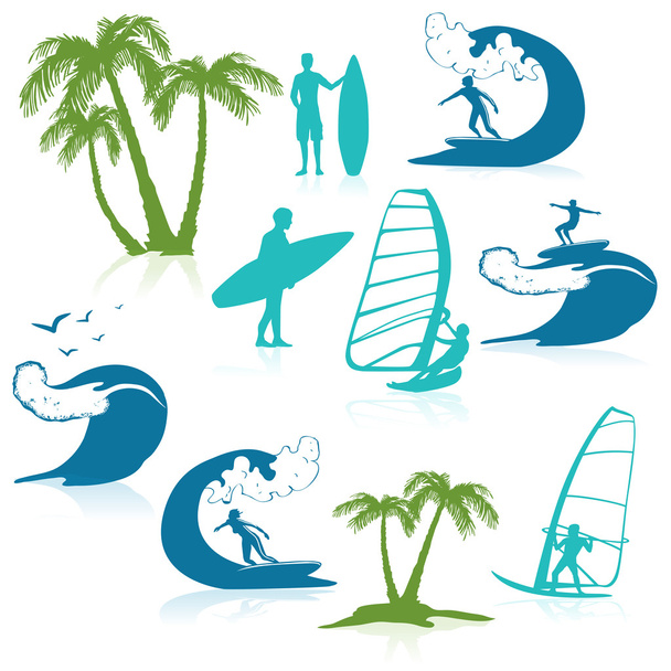 Surfing Icons With People - Vector, Image