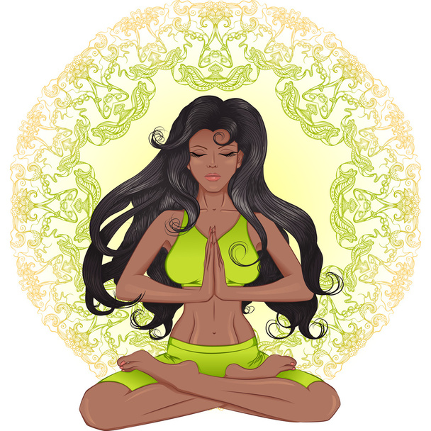The African American girl with long hair sitting in the lotus po - Vector, Image