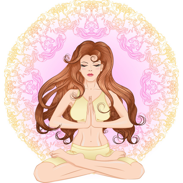 The girl with long hair sitting in the lotus position on a manda - Vector, imagen