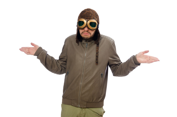 Man wearing pilot goggles isolated on white - Photo, Image