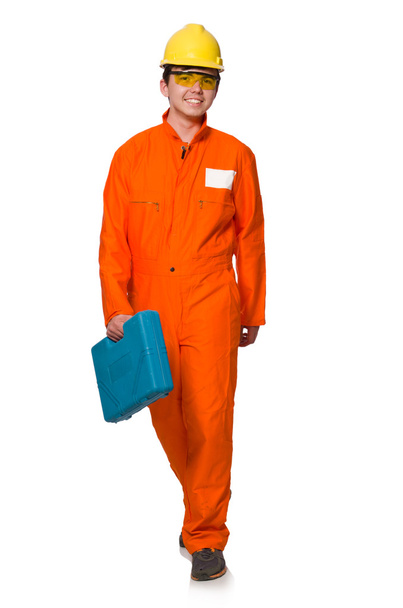 Férfi narancssárga overallban elszigetelt fehér - Fotó, kép