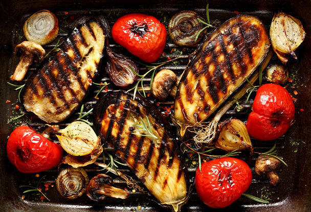 Grilled vegetables: eggplant, peppers, onions, mushrooms - Photo, Image