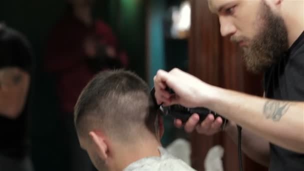 Joven elegante peluquero tatuado corte de pelo de un joven en la barbería
 - Imágenes, Vídeo
