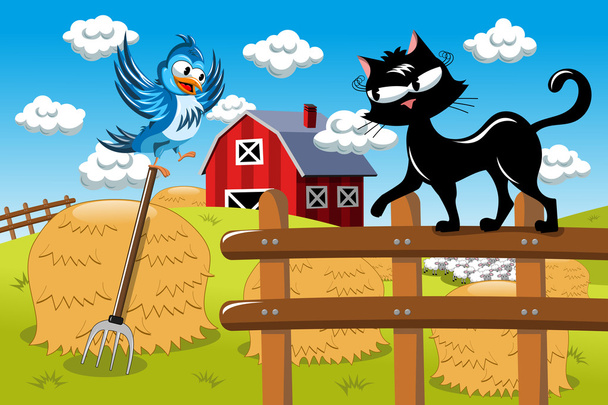 Cartoon cat hunting bird at the farm - Vector, Image