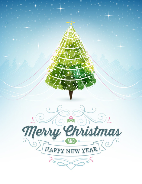 Christmas Card with a Christmas Tree at the Top and Ornaments an - Vector, Imagen