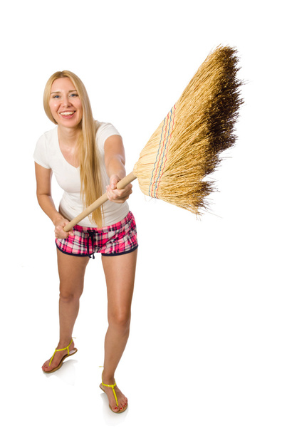 Young woman with broom isolated on white - Photo, Image