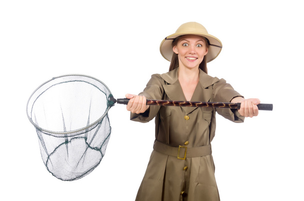 Donna che indossa un cappello safari sul bianco - Foto, immagini