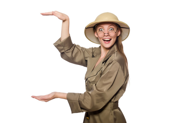 Frau mit Safari-Hut auf weißem Grund - Foto, Bild