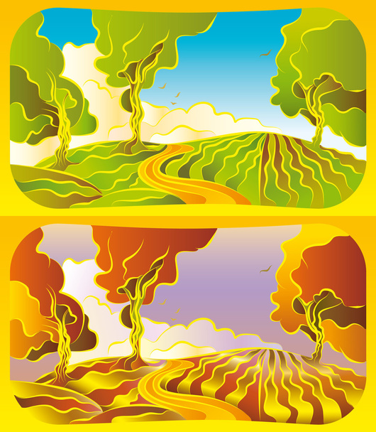 Autumn and summer landscape - Vector, Image