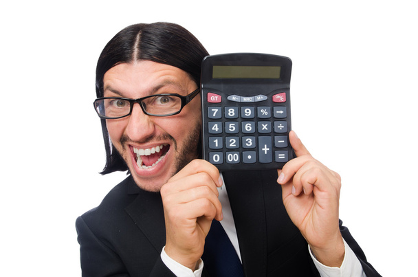 Людина з калькулятором ізольована на білому
 - Фото, зображення