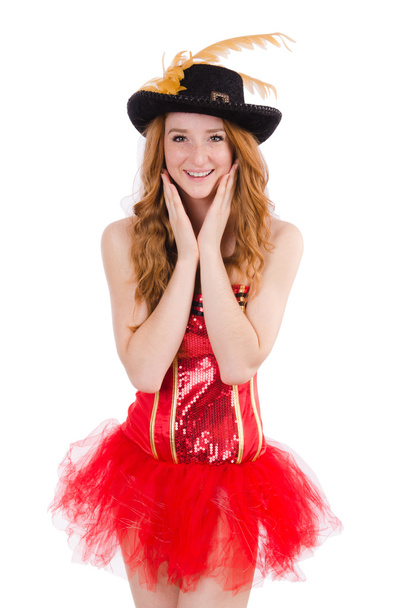 Рыжая девушка в карнавальном костюме, изолированная на белом
 - Фото, изображение
