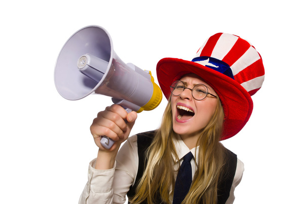 Donna che indossa un cappello con simboli americani - Foto, immagini