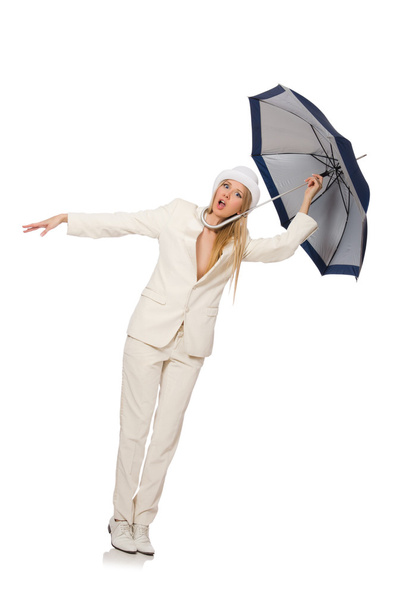 Woman with umbrella isolated on white - Foto, afbeelding