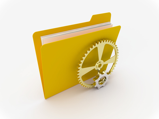 Yellow Folder With Metallic Gears - Zdjęcie, obraz