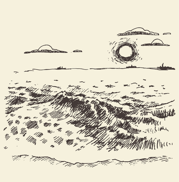Χέρι συντάσσονται τοπίο θάλασσα σύννεφα ηλιοβασίλεμα σκίτσο - Διάνυσμα, εικόνα