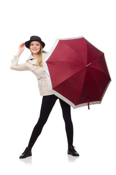 Woman with umbrella isolated on white - Fotoğraf, Görsel