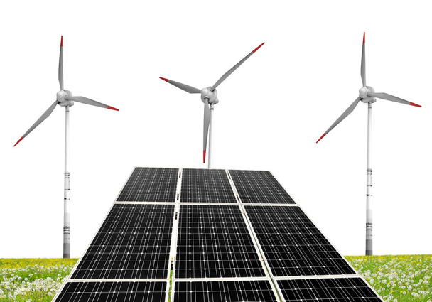 Солнечные батареи с ветряными турбинами
 - Фото, изображение