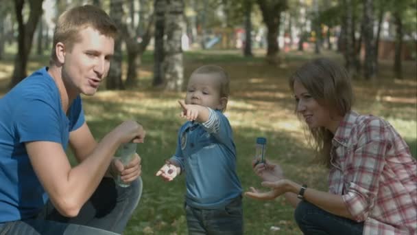 glückliche Mutter, Vater und Sohn blasen Blasen im Park. - Filmmaterial, Video