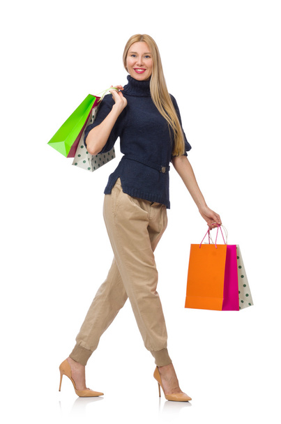 Tall woman with plastic bags isolated on white - 写真・画像