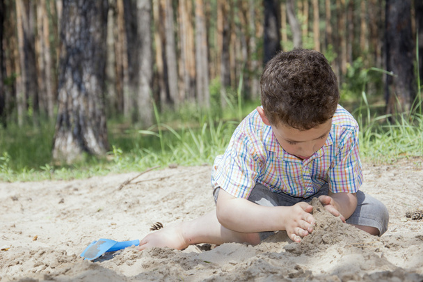 Летом в лесу кудрявый мальчик строит дом из песка
. - Фото, изображение