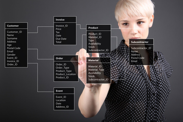 Database Table - technical concept, girl pointing screen - Photo, Image