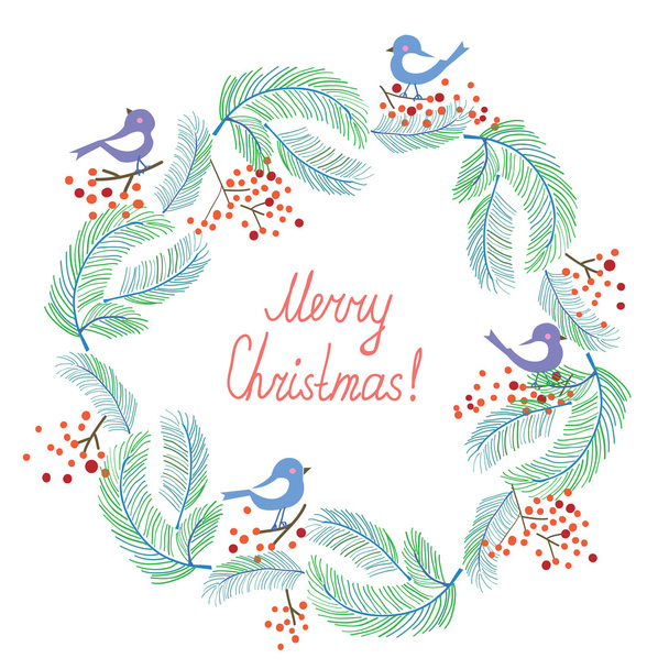 Weihnachtskarte mit Kranz und Vögeln im Retrodesign - Vektor, Bild