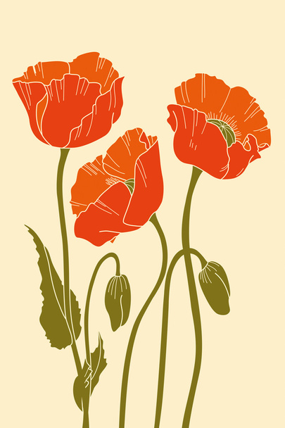 Red poppies on beige background - Vector, Image