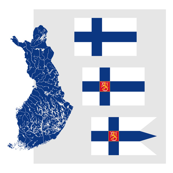 Χάρτης της Φινλανδίας με λίμνες και ποτάμια και τρεις φινλανδική σημαίες. - Διάνυσμα, εικόνα