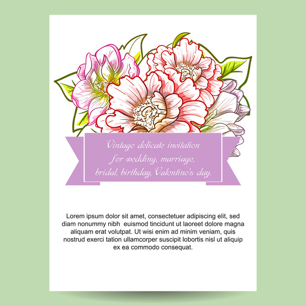 delicate invitation with flowers for wedding - Vector, Imagen