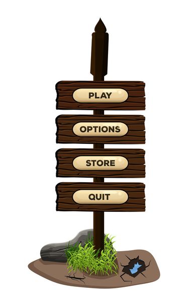 Game colorful menu interface on a wooden sign in the grass for mobile games and applications. Vector - ベクター画像
