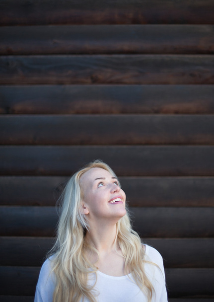 Scandinavian blonde woman posing on wood background - Foto, Imagen