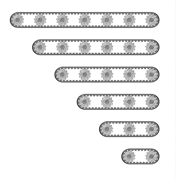 six conveyor belts with many cogwheels - Vector, Image