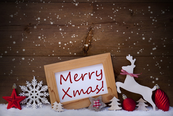 Red Christmas Card, Snowflakes, Merry Xmas, Reindeer And Ball - Fotó, kép