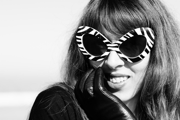 Beauty young woman in funny sunglasses, vintage pattern - Zdjęcie, obraz