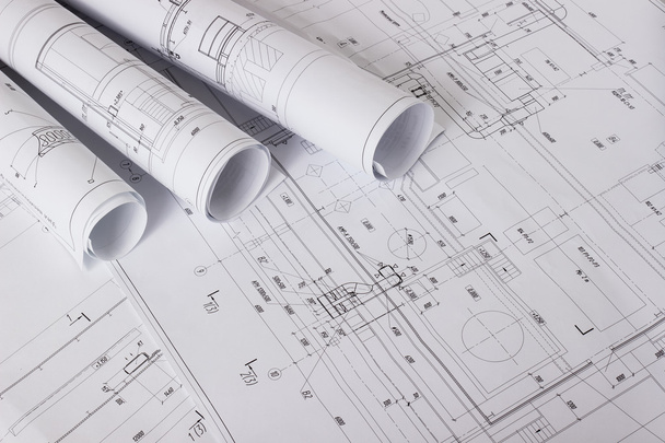 Architectural blueprints and blueprint rolls - Φωτογραφία, εικόνα