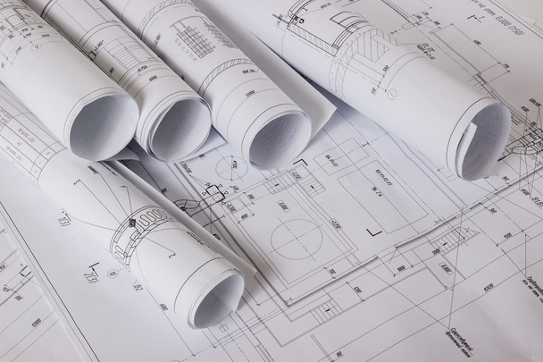 Architectural blueprints and blueprint rolls - Photo, Image