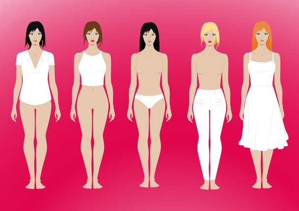 5 θηλυκά, στέκεται πρότυπο με αφαιρούμενη ρούχα - Διάνυσμα, εικόνα
