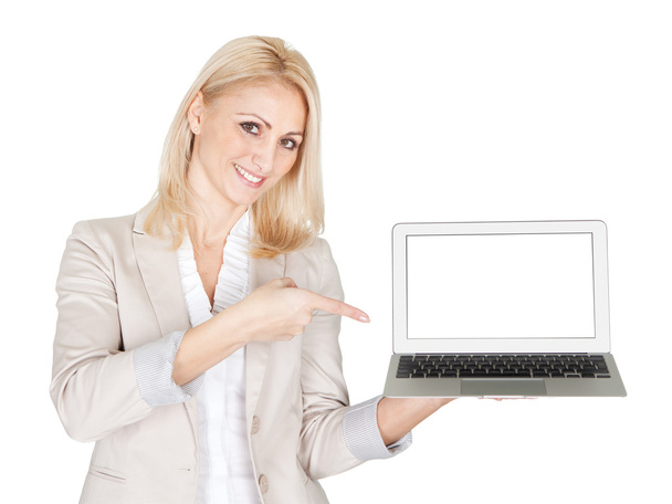 Business woman presenting laptop - Zdjęcie, obraz